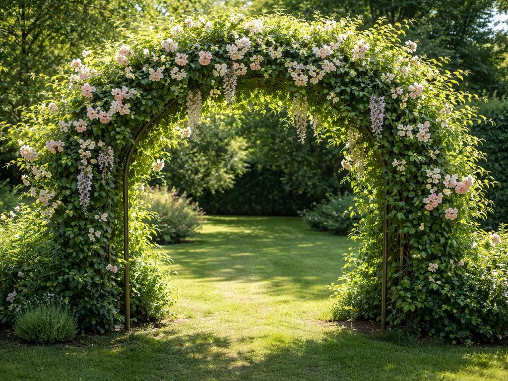 Sunlit backyard garden arch densely covered with evergreen and flowering climbers