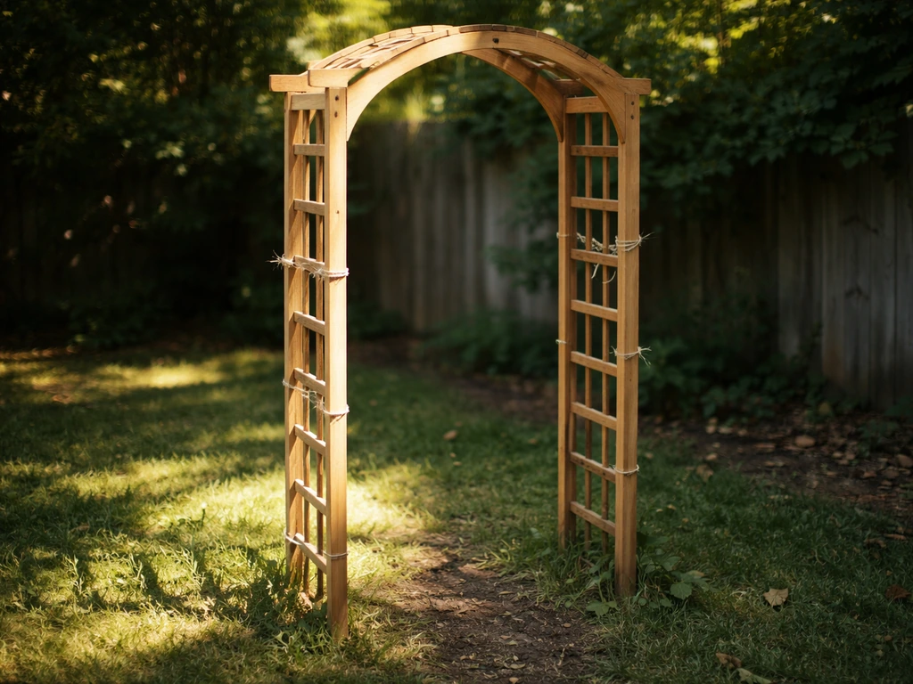 Garden arch with one side in bright sun and the other in shade, with pruning ties visible.