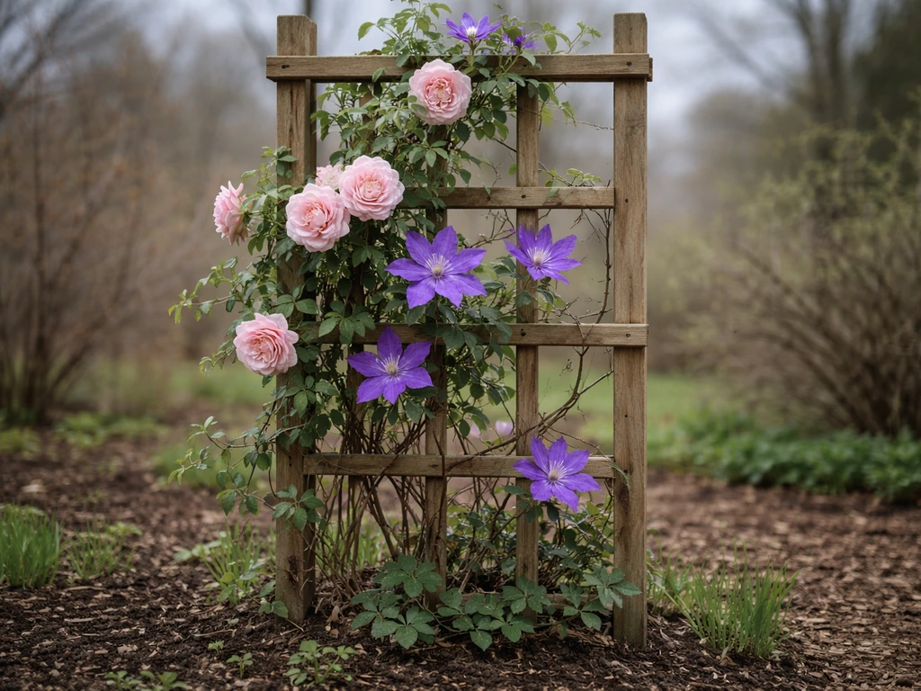 Hardy climbing rose and clematis on a simple trellis in cool-season garden soil with muted spring sky
