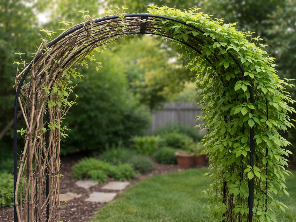 Clematis vines on a garden arch showing two different growth patterns for pruning
