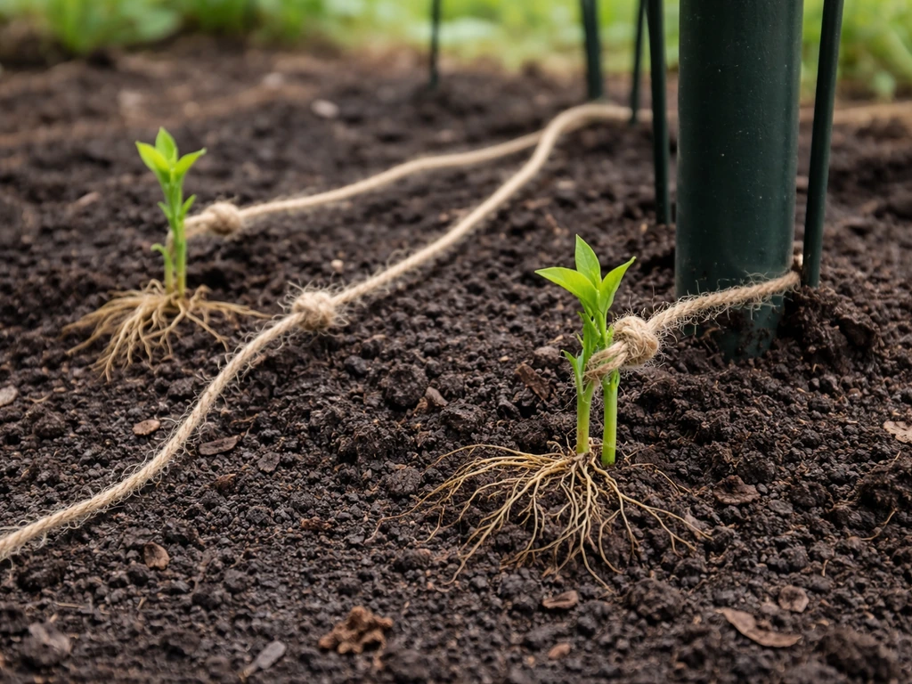 Close-up of climber roots planted 30–45cm from an arch post with twine ties guiding shoots.