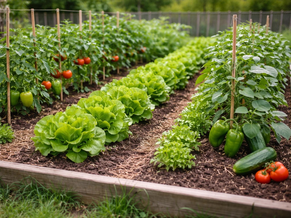 Lush vegetable garden bed with evenly spaced plants and stakes, one main crop at peak harvest stage.