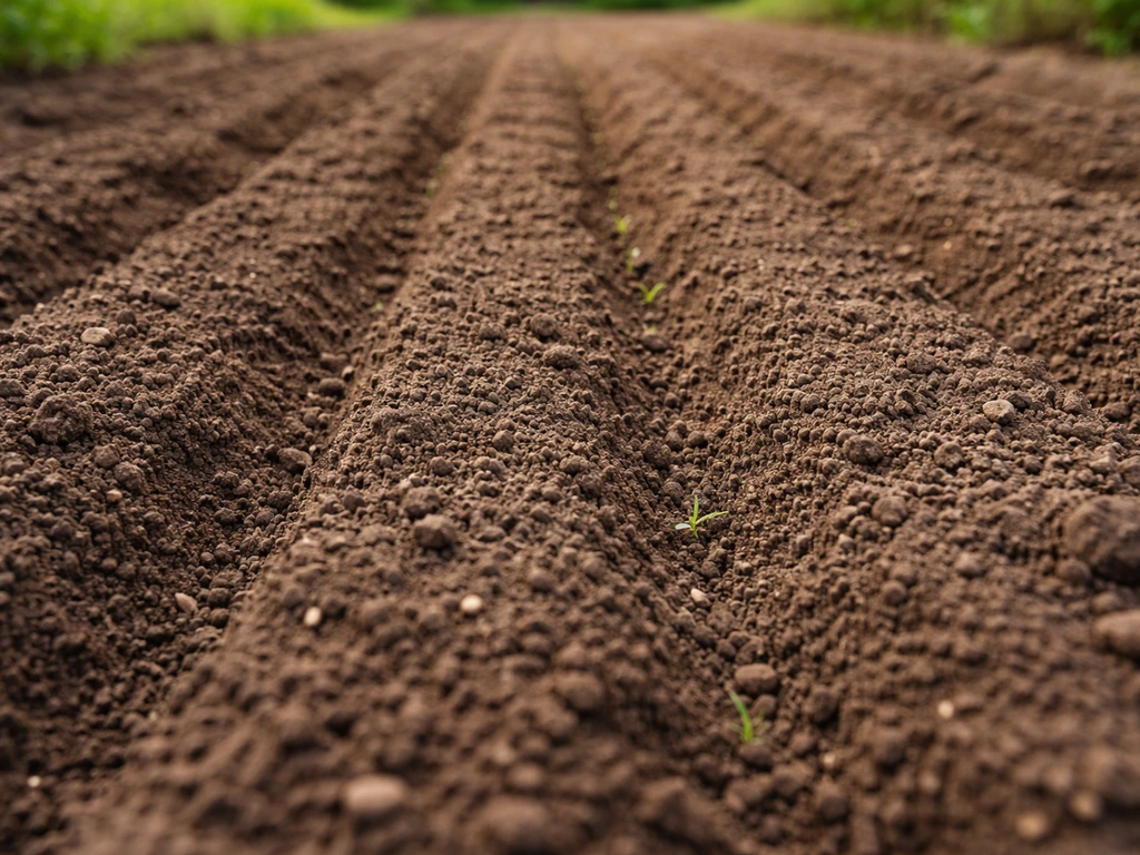 Close-up of an in-ground carrot bed with loose, rock-free soil and neat evenly spaced rows