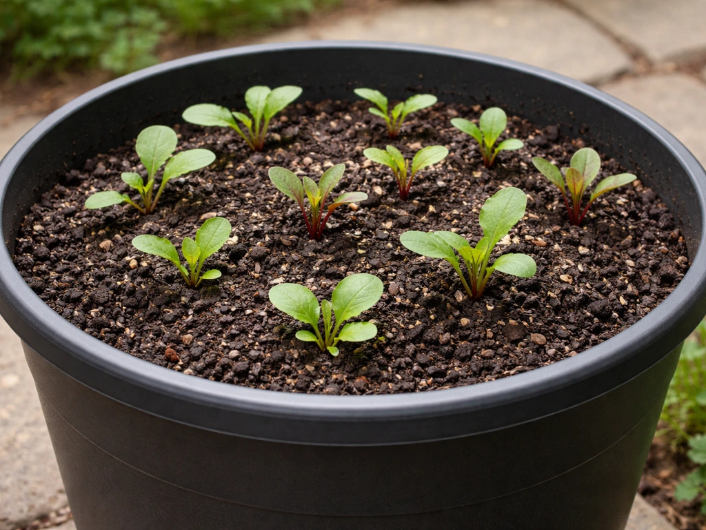 Deep container with radish and small beet seedlings growing in dark soil outdoors.