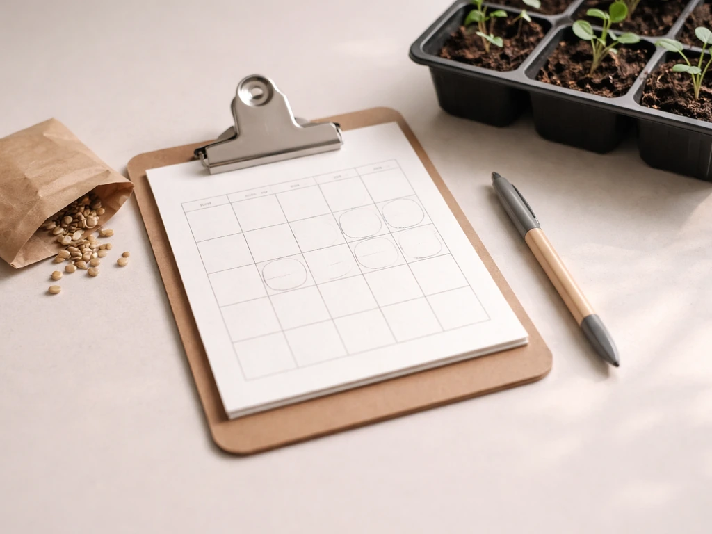 Desk with a blank calendar page, pen, seed packets, and seedling trays suggesting backward planting planning.
