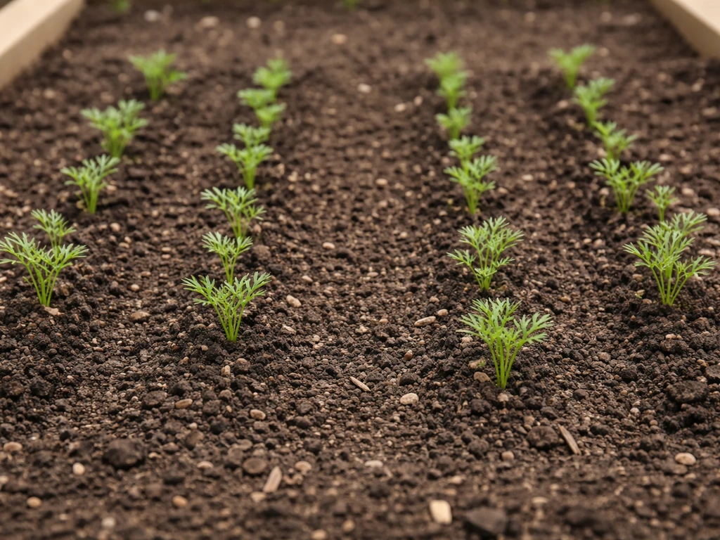Carrot seedlings in a garden bed with clear spacing and thinning lines between rows.
