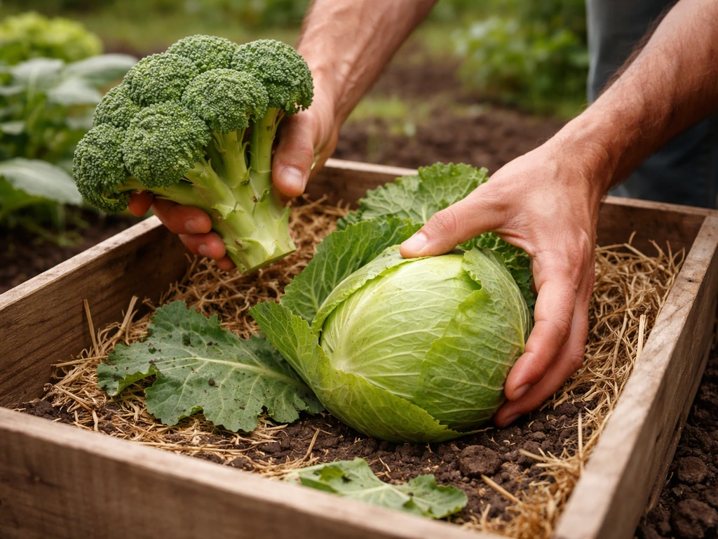 Hands picking broccoli and cabbage heads from a garden crate at peak harvest time.