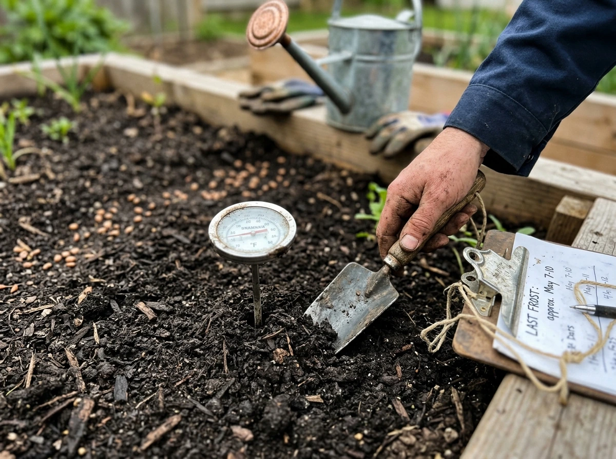 Gardening thermometer and soil gauge checking warming soil for May sowing