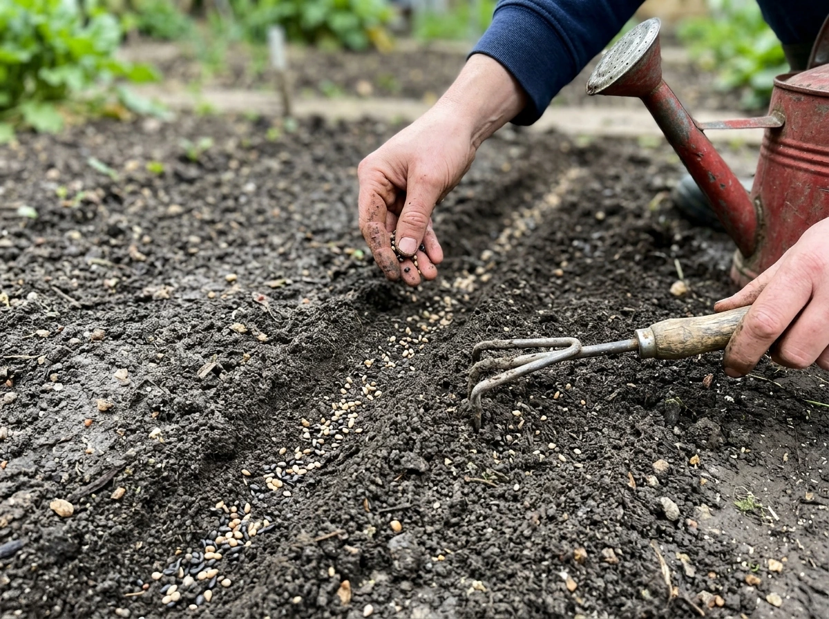Freshly direct-sown lettuce seeds in a shallow furrow with hand tools