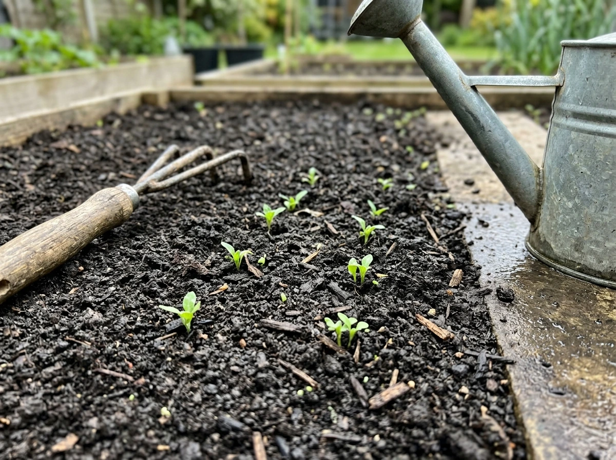 Calendula seedlings in a tray after direct sowing outdoors-ready