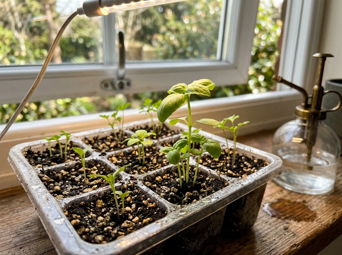 Basil and parsley seedlings in small pots under a grow light setup