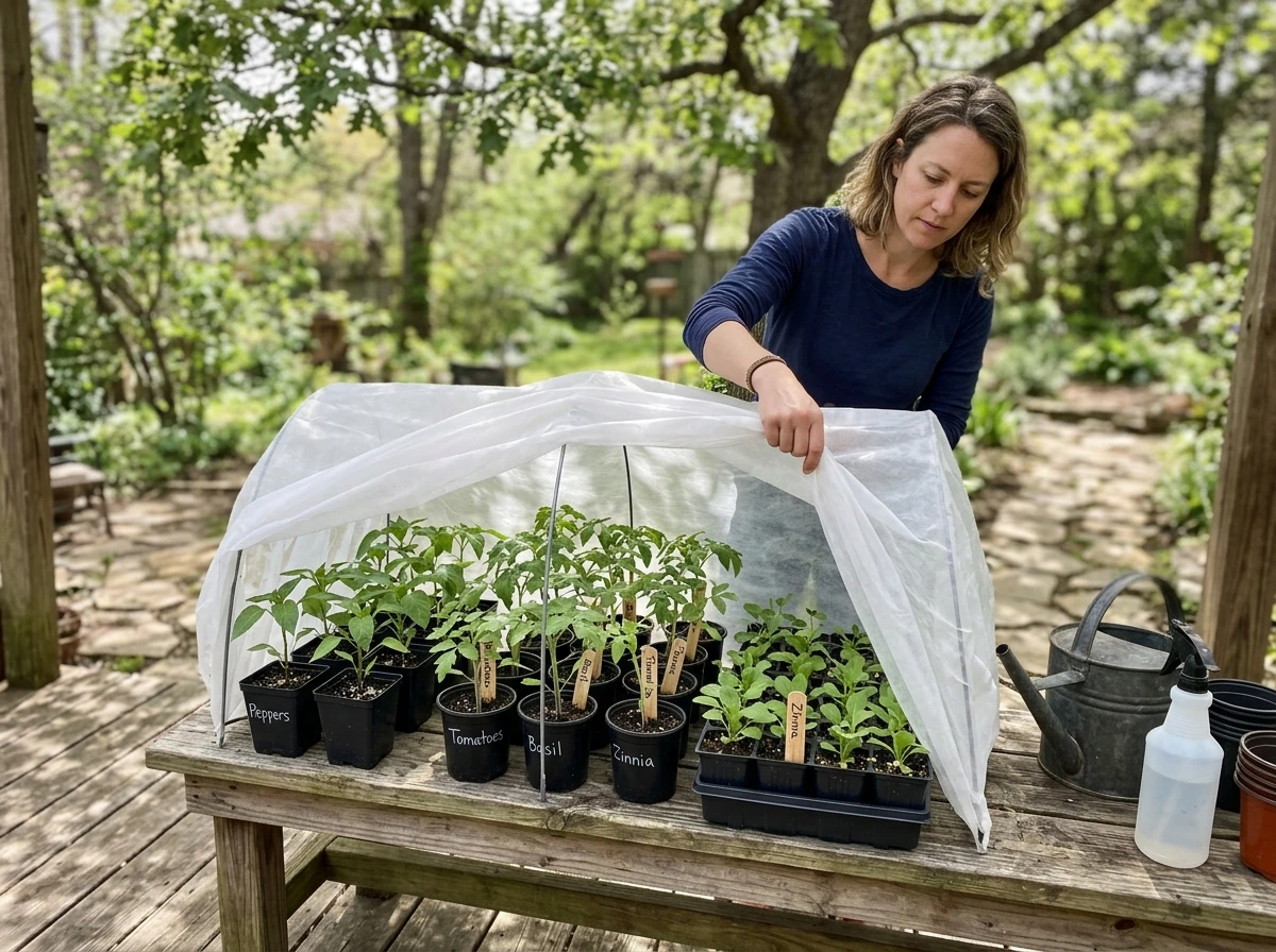 Seedlings being hardened off on a porch bench in dappled shade