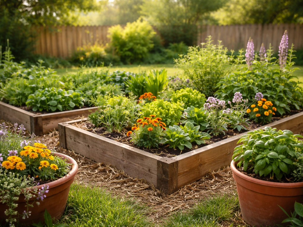 Vibrant outdoor garden beds and containers with seasonal flowers and edible plants in natural daylight.