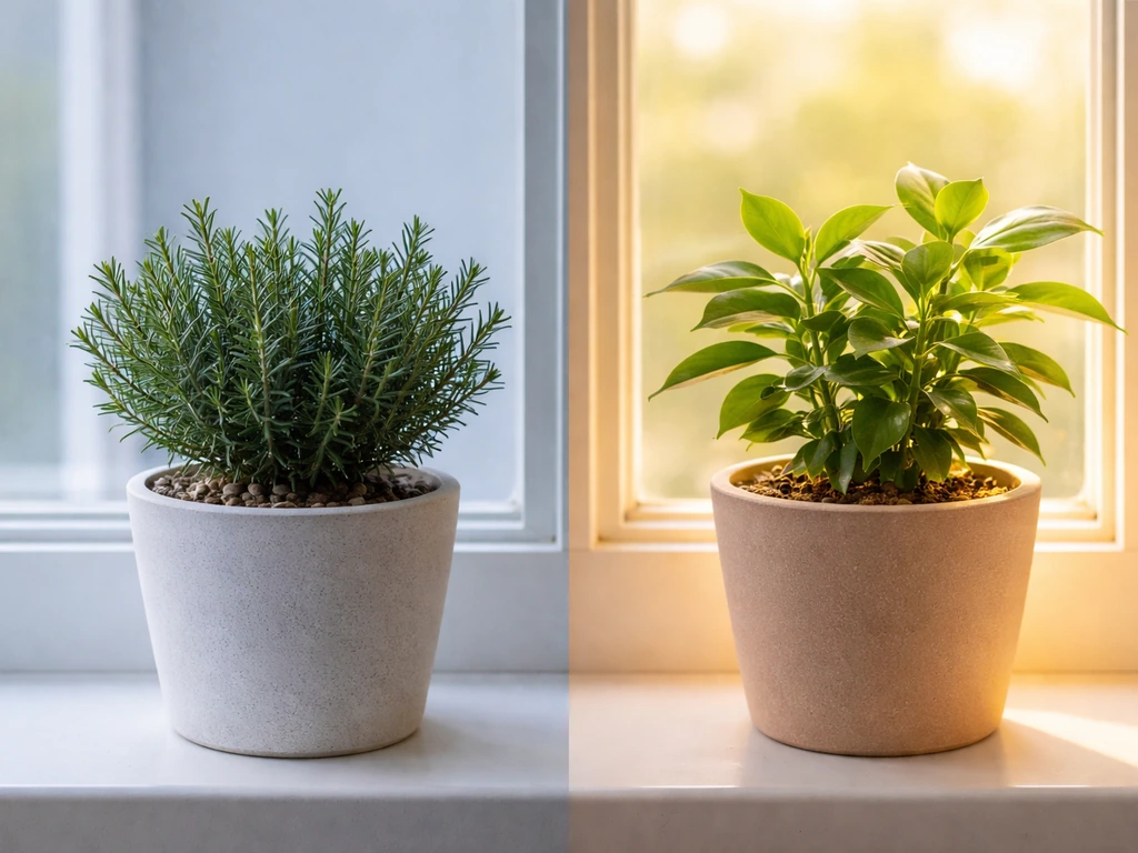 Two small potted plants on a windowsill—one hardy green and one warmer-season plant—split by soft light contrast.