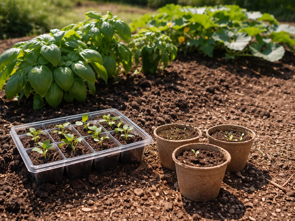 Sunlit garden bed with basil and peppers, plus seedling tray and newly sown seeds for succession planting.