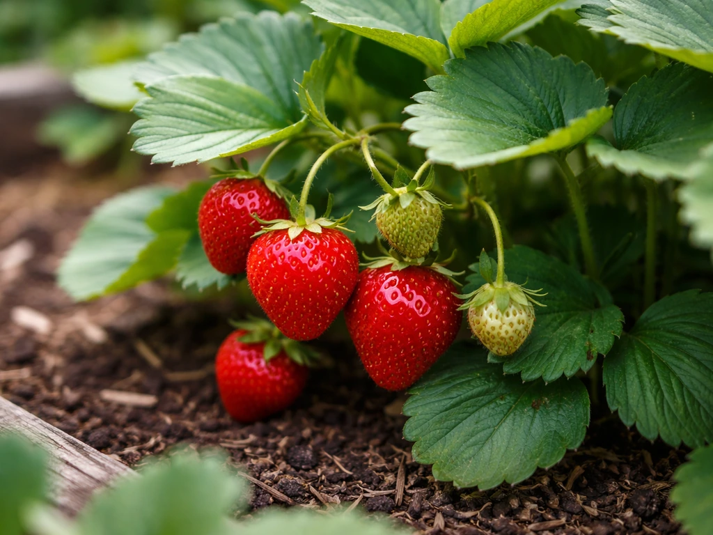 Close-up of a strawberry plant with ripe red berries and developing fruit in a garden bed.