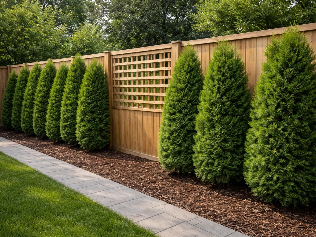 Evergreen shrubs line a walkway beside a simple trellis, showing year-round privacy and structure.