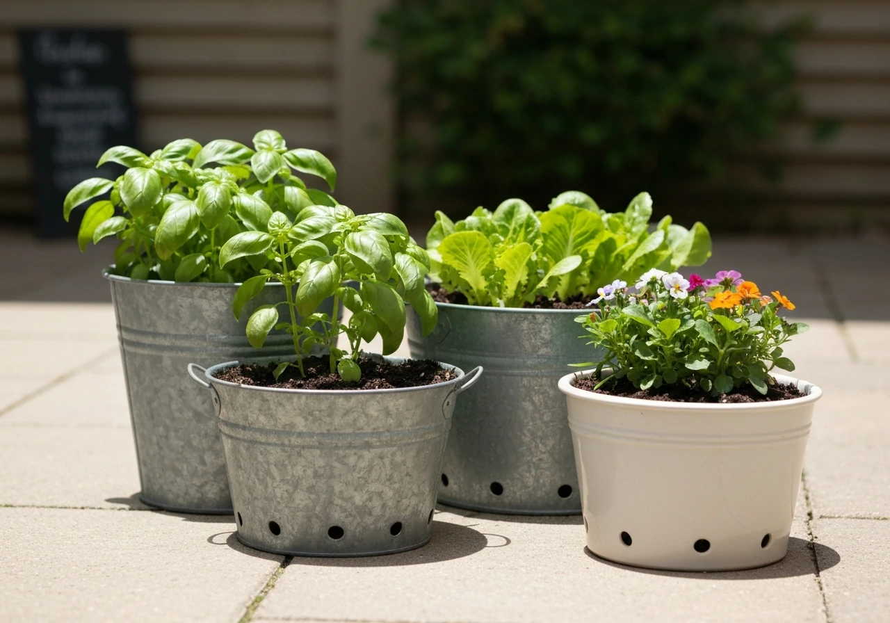 Thriving herbs, leafy greens, and a flowering plant growing in buckets on a patio in seasonal arrangement