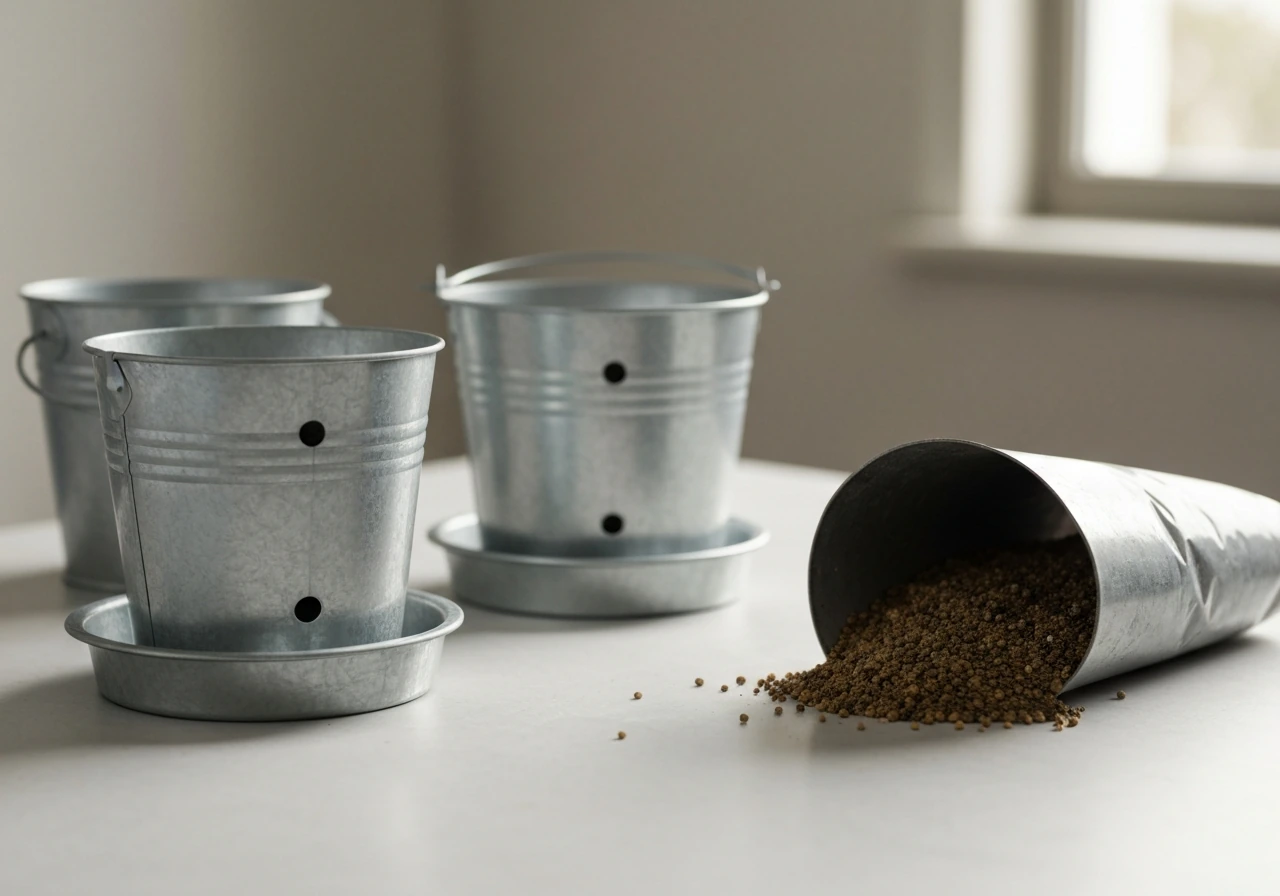 Close-up of bucket planters with drainage holes, saucer tray, and potting mix ready to fill