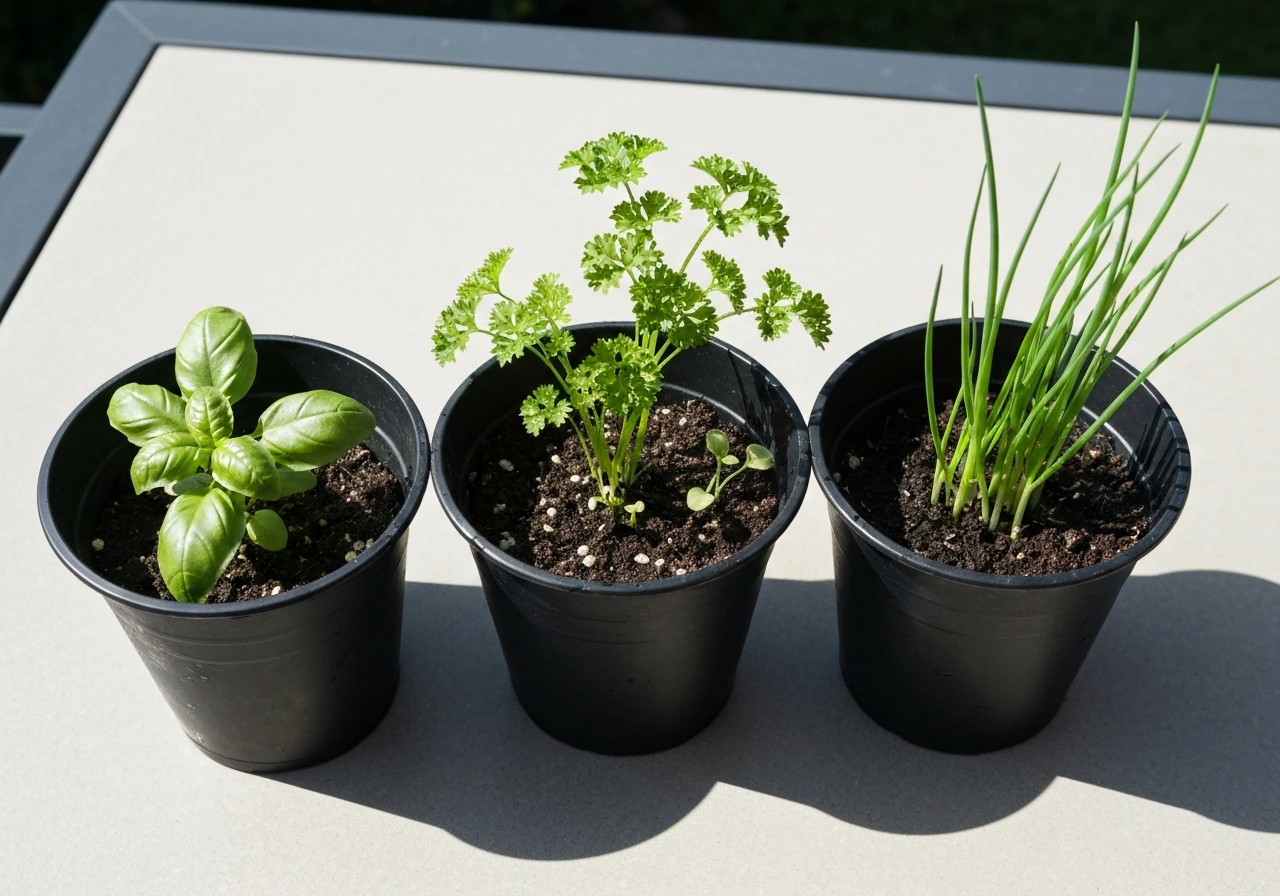 Three bucket planters with basil, parsley, and chives leaves emerging from fresh potting mix.