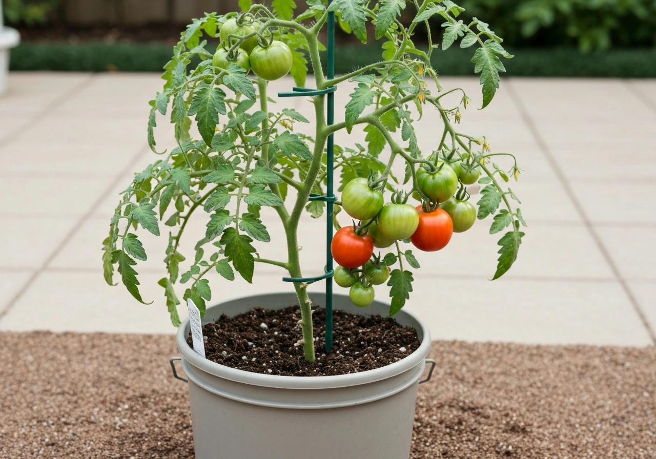 A staked determinate tomato plant with fruit in a correctly sized bucket planter outdoors.