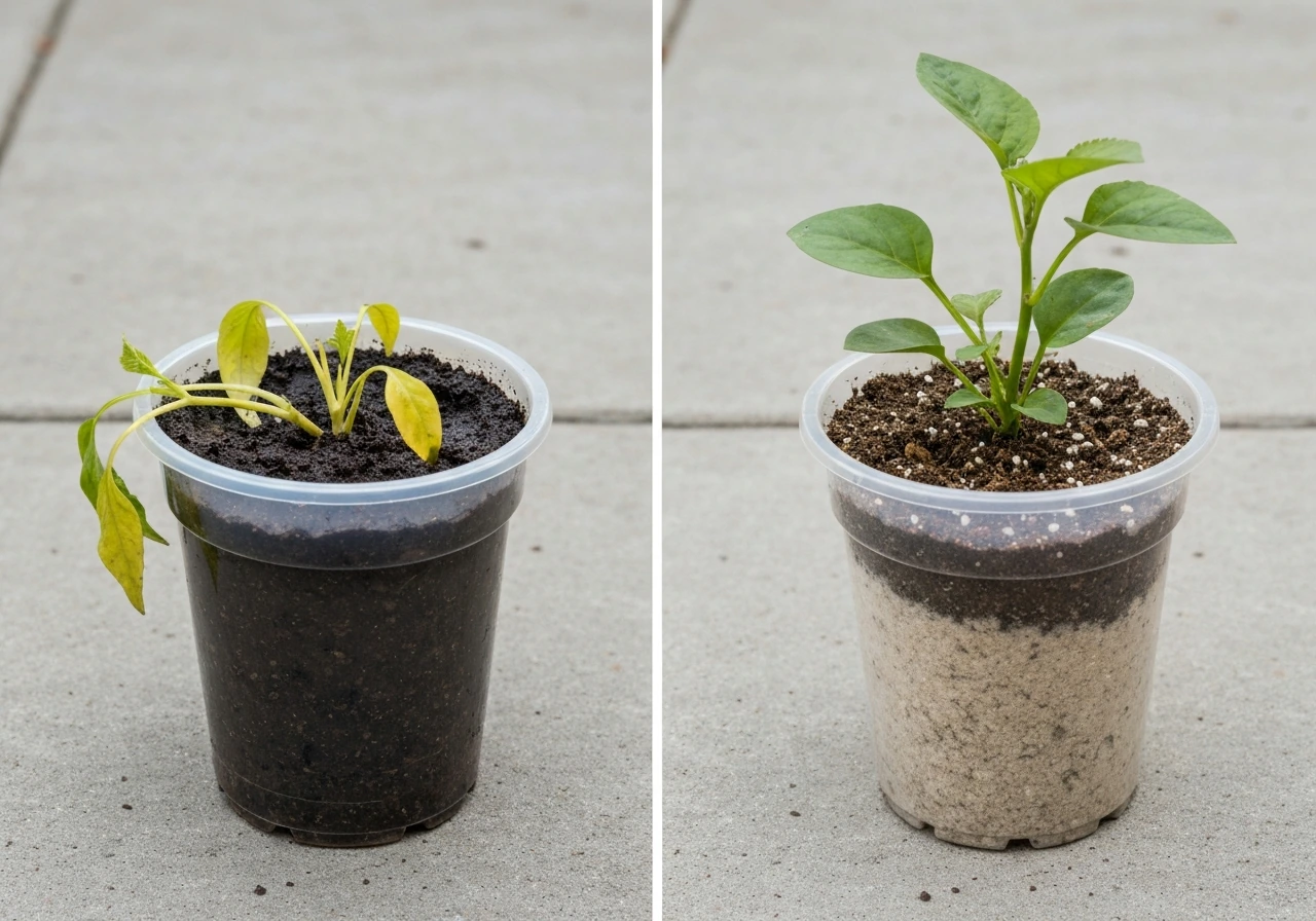 Two side-by-side grow buckets showing overwatered mushy dark soil vs properly watered lighter soil.