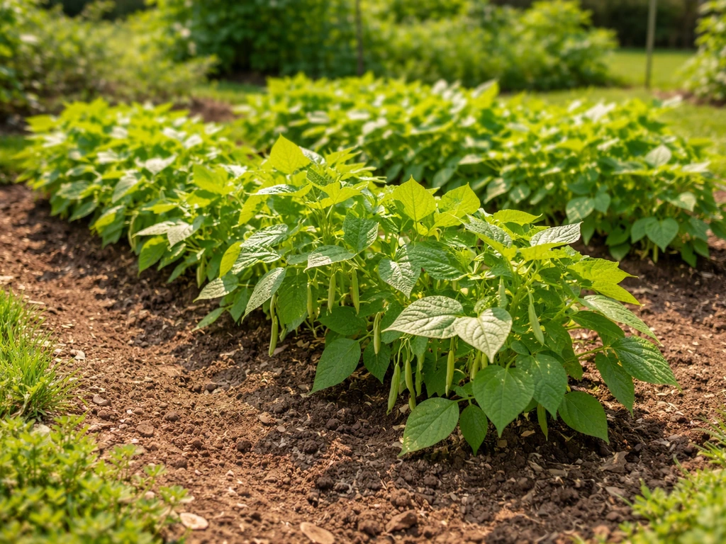 Bush bean plants thriving in a sunny garden bed with simple soil rows and green pods.