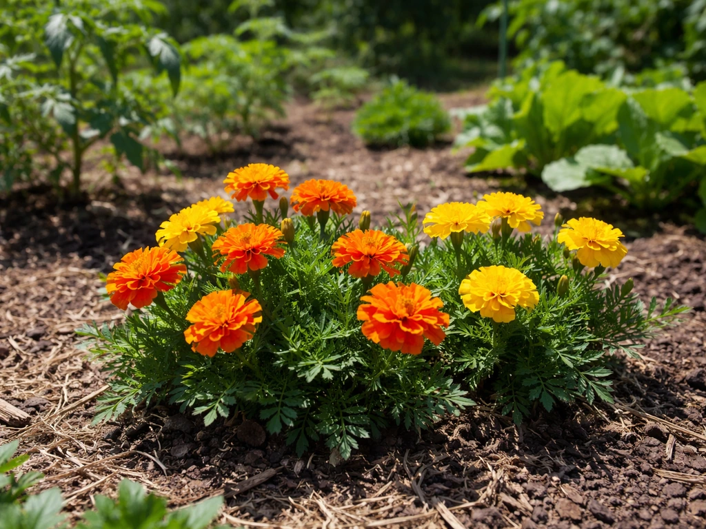 Orange and yellow marigold flowers blooming in a sunny vegetable garden bed