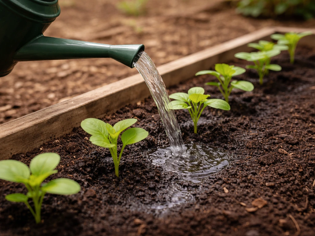 Deep watering can pours water into the soil base of small seedlings in a raised bed.