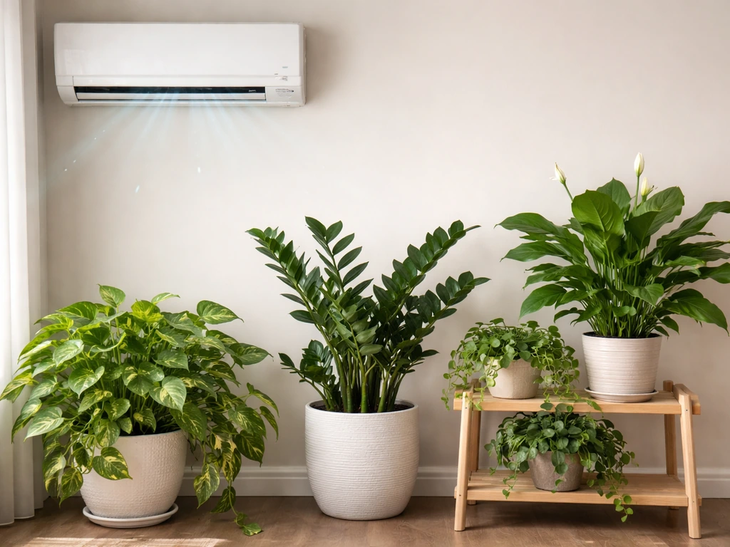Healthy indoor plants placed safely near a visible air conditioner vent in a bright room.