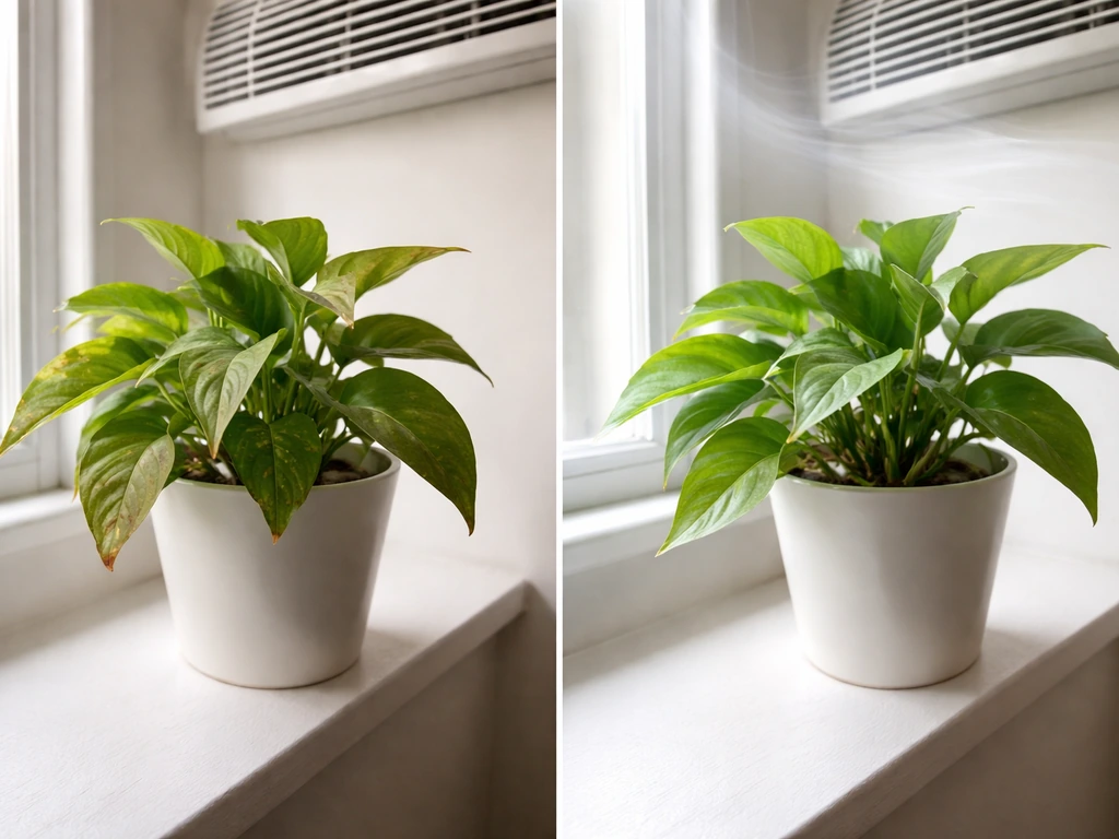 Close-up of a potted plant with a dry, wilting leaf near an AC vent releasing cool, drafty air.