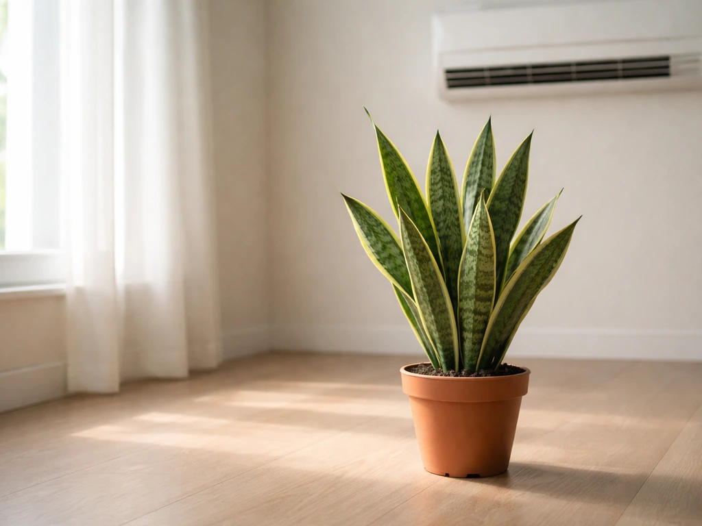Snake plant in a bright AC room near a vent, showing ideal indirect light and distance