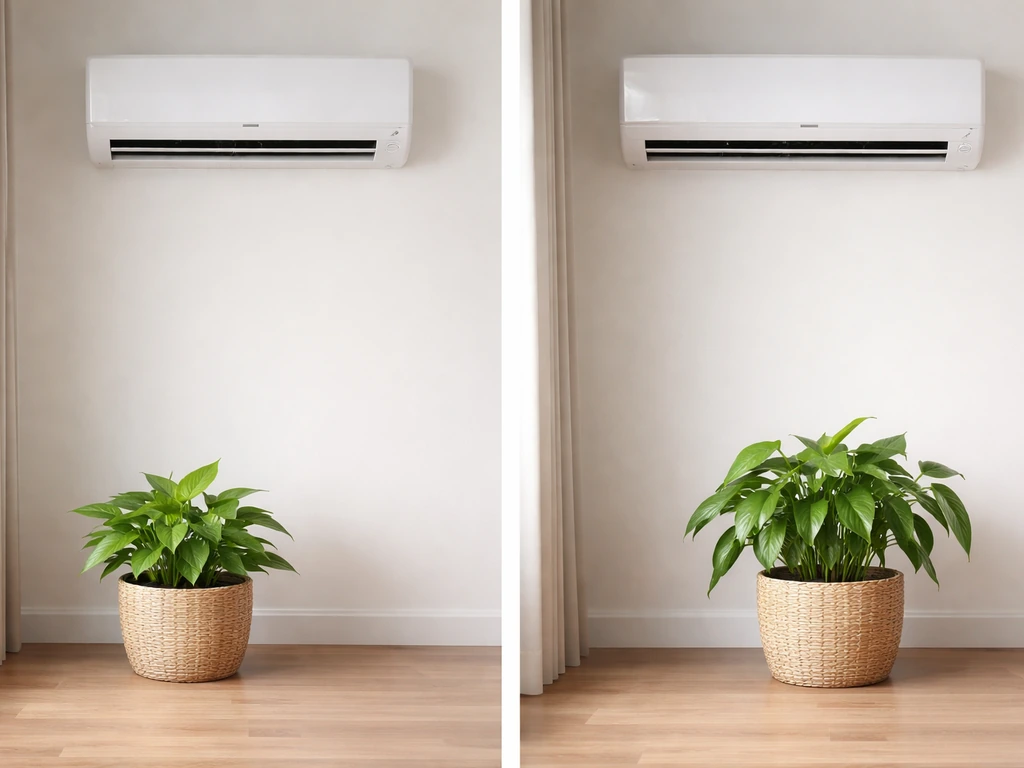 A wall AC vent with one plant safely nearby and another stressed from being placed too close.