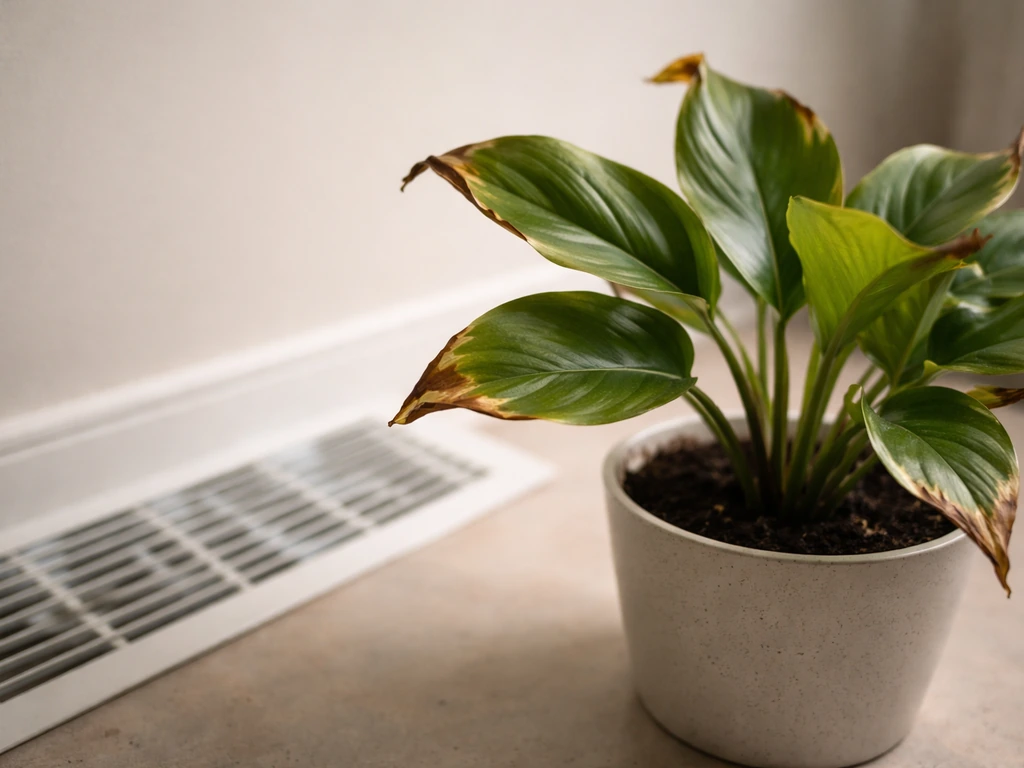 Close-up of a potted houseplant with crispy brown leaf tips beside an AC vent, showing dry airflow damage.