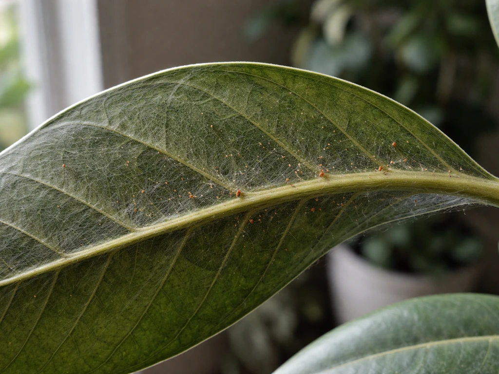 Close-up of a plant leaf underside covered in fine spider-mite webbing and tiny mites.
