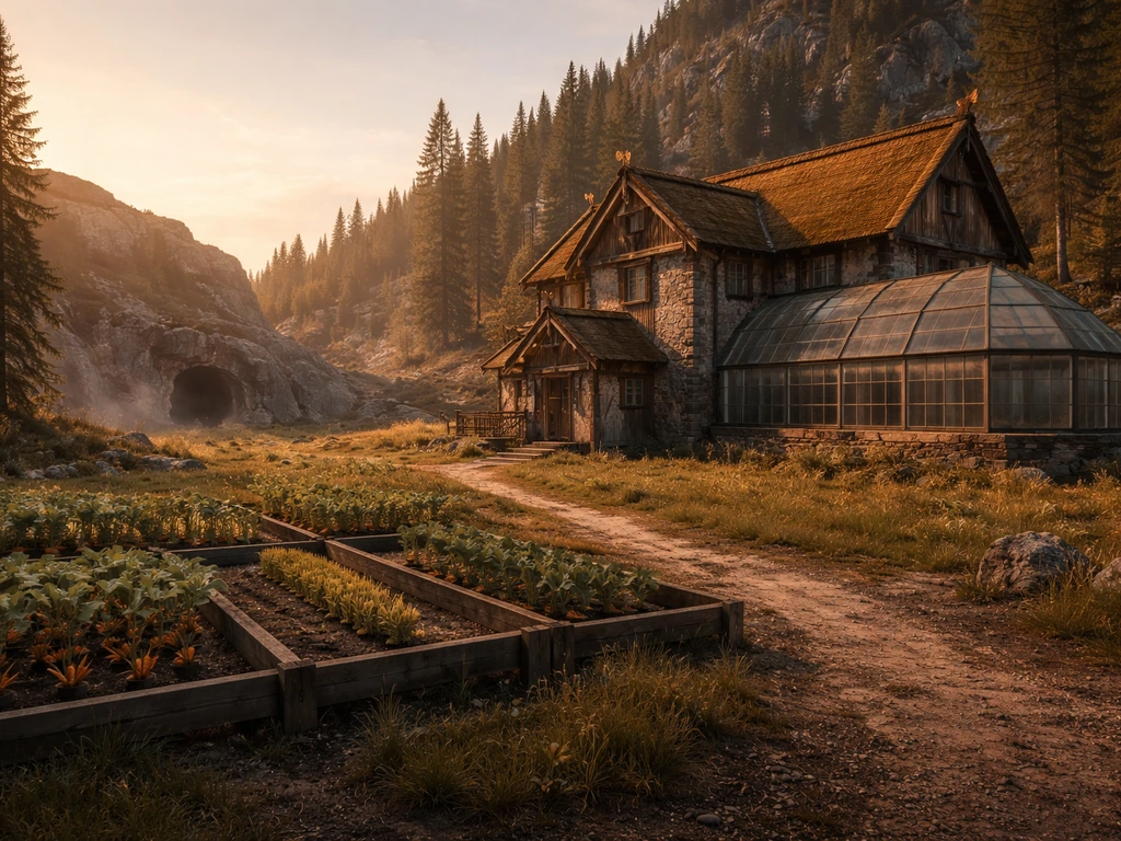 Hearthfire home exterior with a clear path leading past simple garden plots toward a nearby cave entrance.