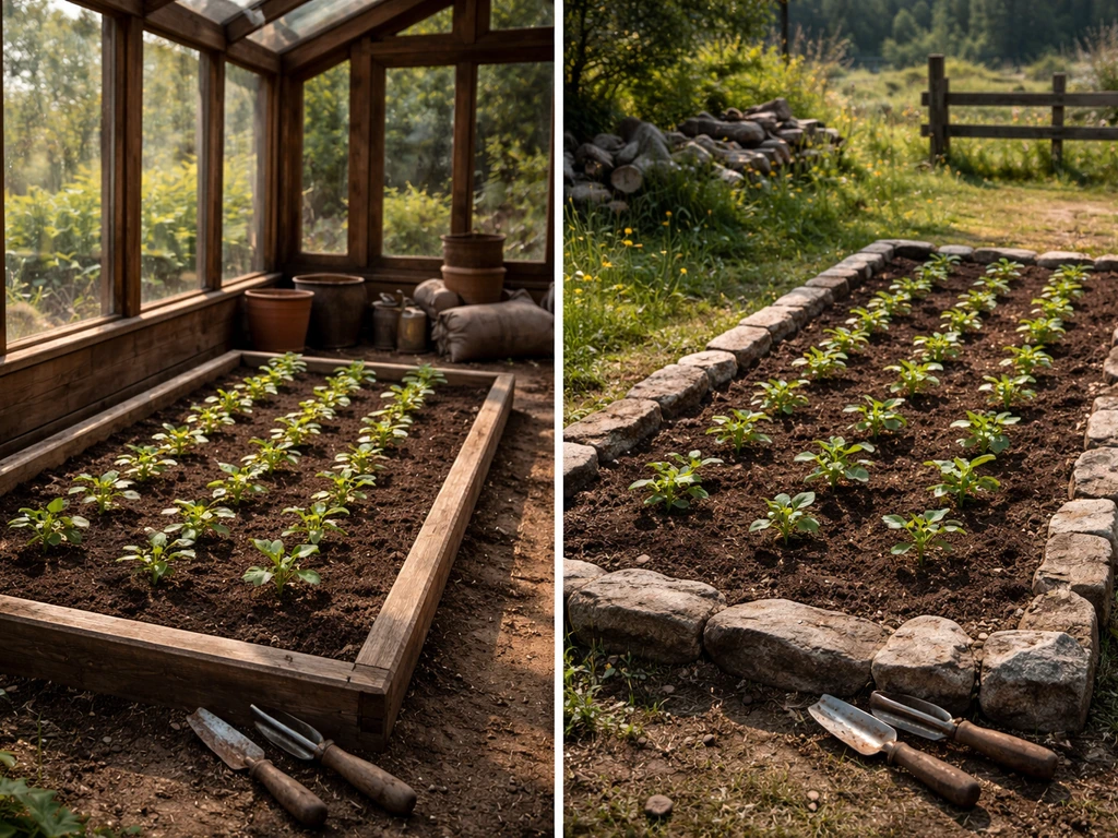 Split view of a Skyrim-like greenhouse soil plot and an outdoor garden bed with the same green seedlings
