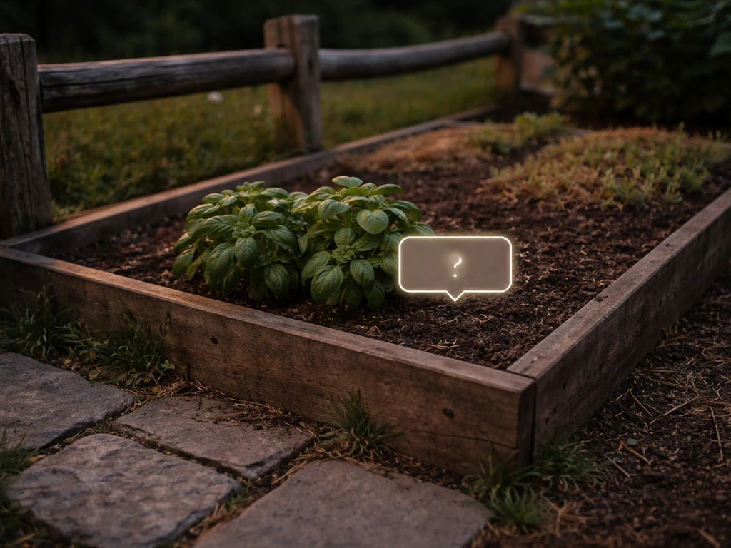 Close view of a simple outdoor garden bed with crops and a missing/failed interaction prompt near one plant.