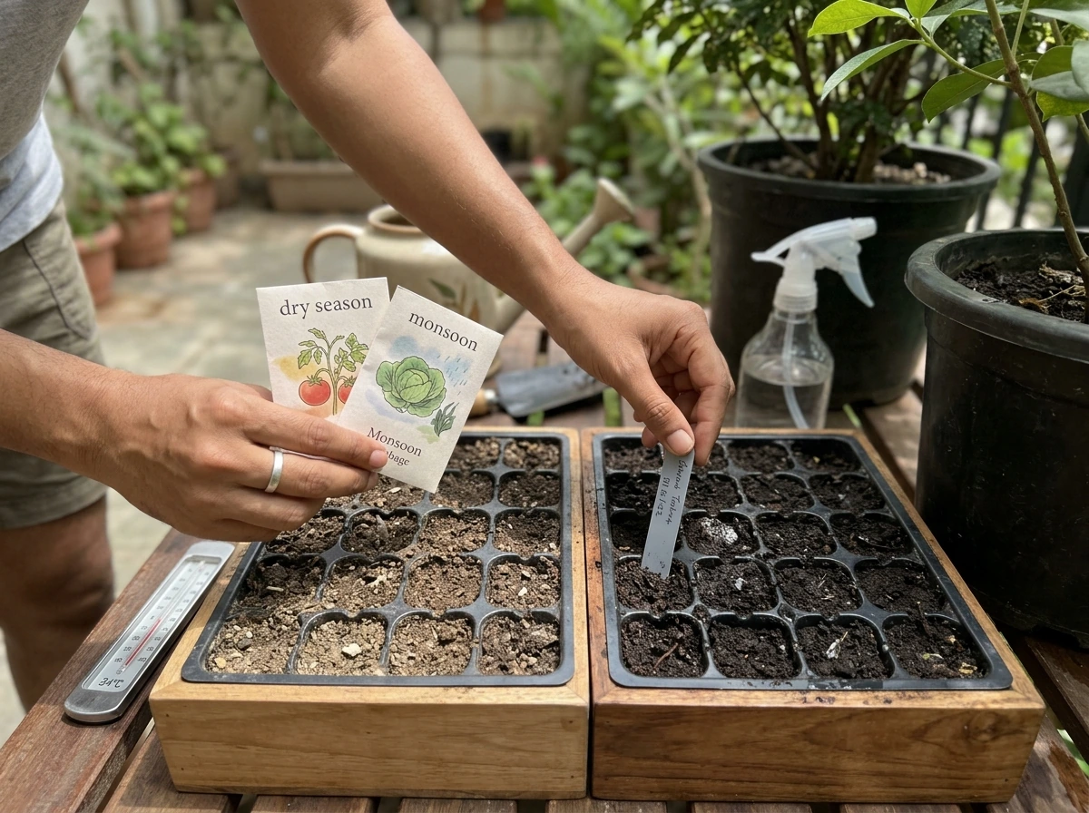 Gardener setting up seed trays under different sun and moisture conditions for summer climate.