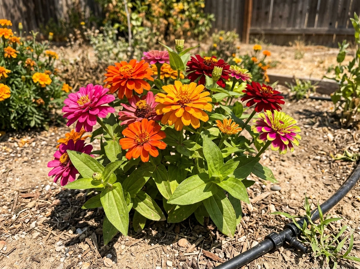 Zinnia flowers thriving in bright Indian summer sunlight on a terrace or in a bed.