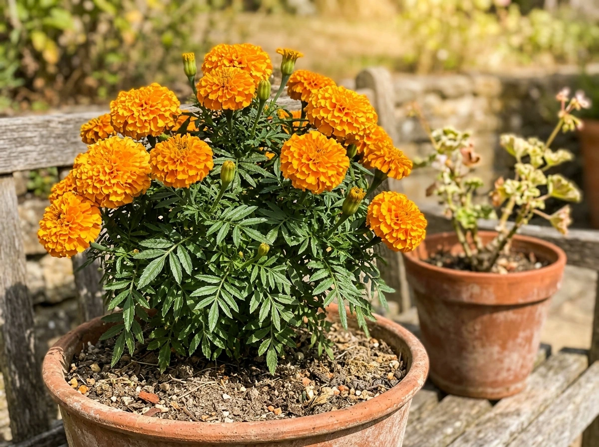 African marigold flowers in heat with dense blossoms and dry topsoil in summer.