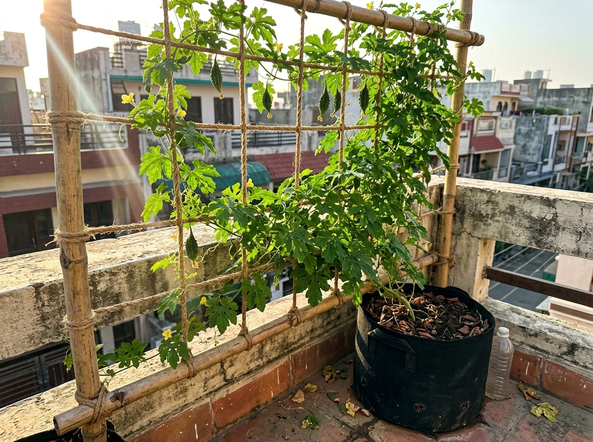 Bitter gourd vine trained on a bamboo trellis growing in a deep terrace container.