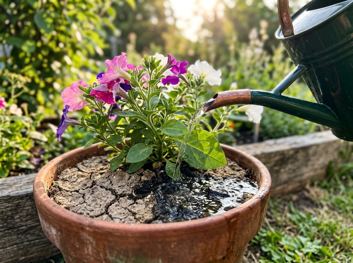 Watering a summer container plant with dry topsoil soaking in under early light.