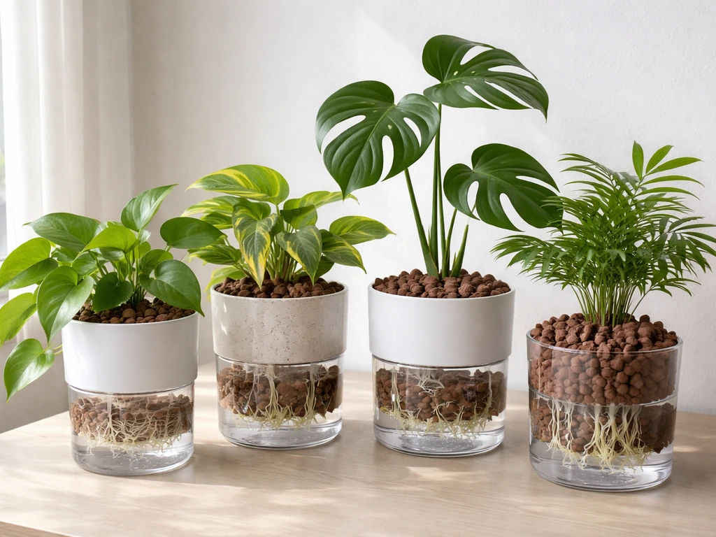 Indoor tabletop display of multiple LECA plants with clear reservoirs and airy roots.