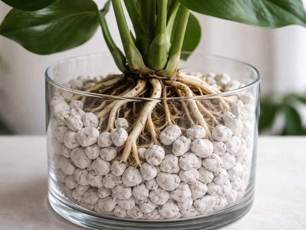 Close-up of an aroid’s thick cleaned roots settling into white LECA with fresh root tips emerging.