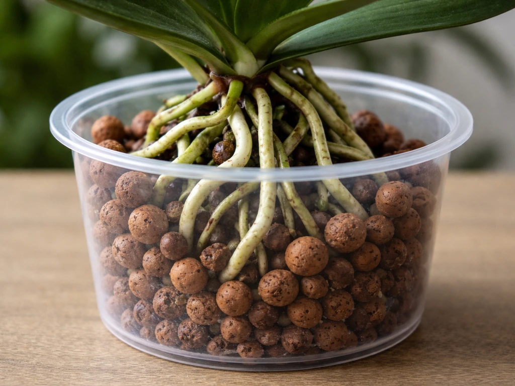 Close-up of a Phalaenopsis orchid’s cleaned roots resting in clear LECA pebbles.