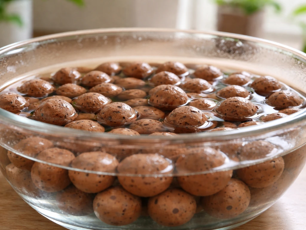 Close-up of clean LECA pellets soaking in clear water in a glass bowl.