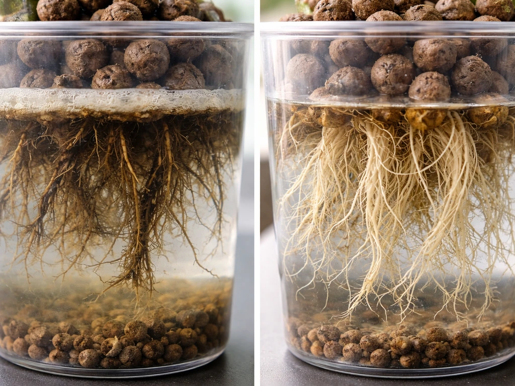 Two nearby plant-root setups in LECA: one submerged and dark, one healthy with an air gap above water.