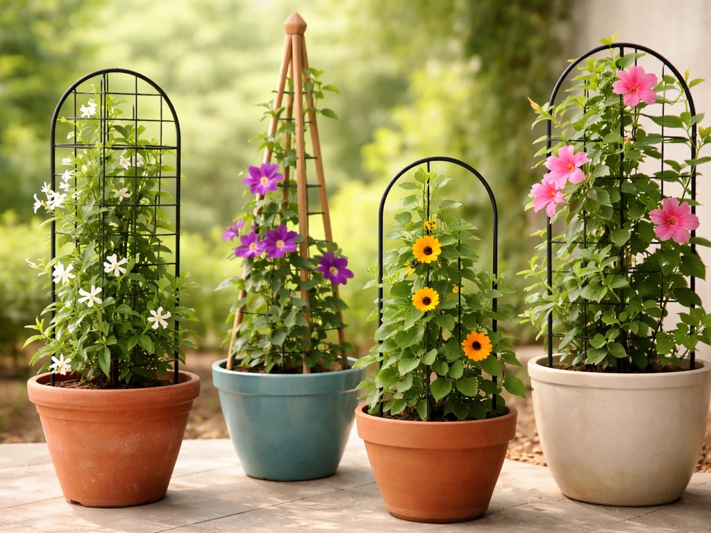 Vibrant container garden with climbing plants trained on trellises and obelisks in colorful pots.