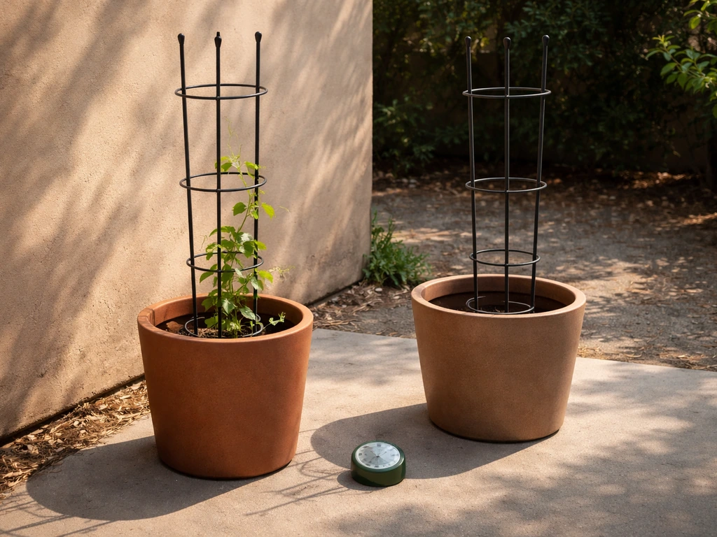 Potted climbing plant in direct sun beside a shaded container to show brighter vs less-direct light.